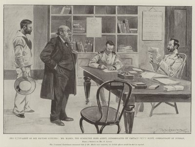 Das Äquivalent von sechs britischen Offizieren, Herr Marks, der verdächtige Burenagent, wird von Kapitän Percy Scott, Kommandant von Durban, verhört von Ralph Cleaver